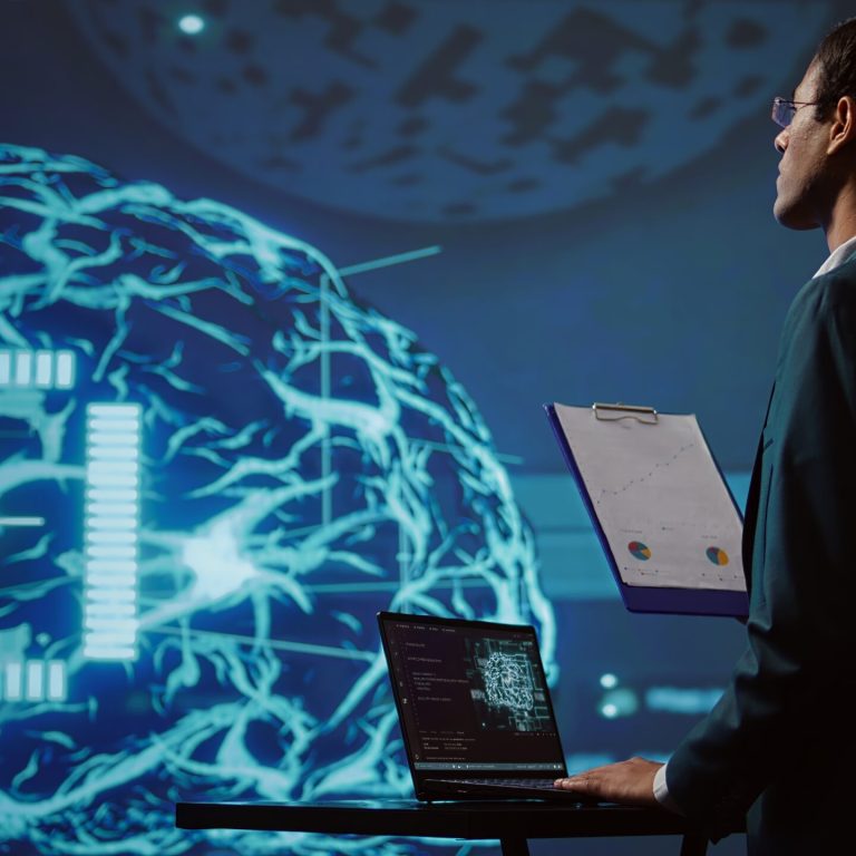 Startup employee looking over business charts, using AI software to take data driven decisions in tech industry. IT expert developing innovative artificial intelligence solutions for company, camera B